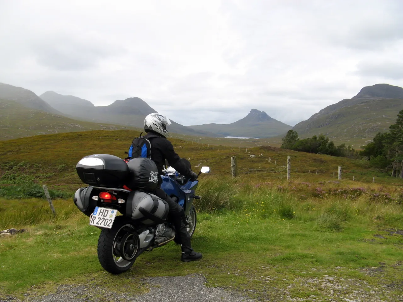 Touring motorcycle with luggage on a ride through Great Britain
