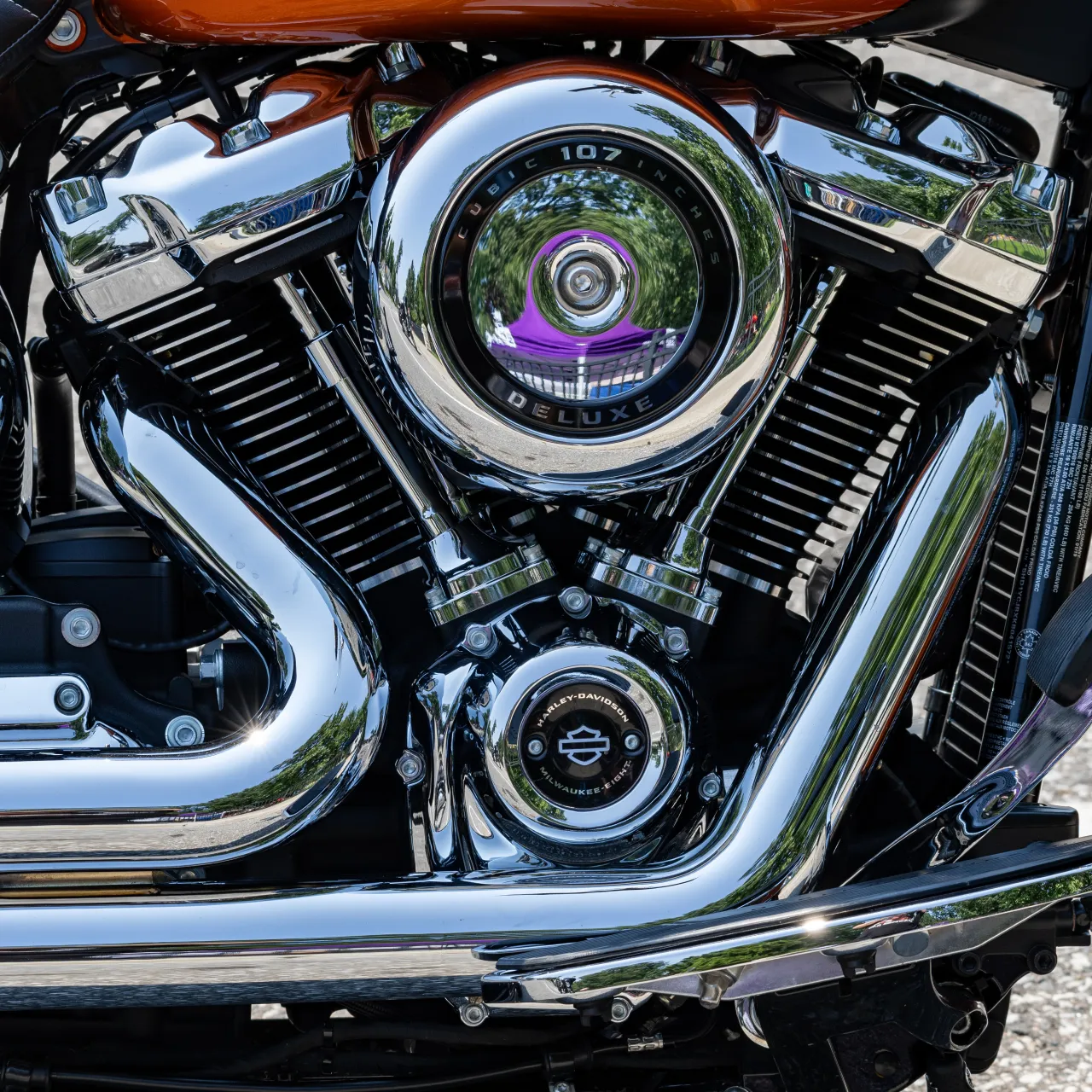 Milwaukee-Eight 107 V-Twin engine detail on Heritage Softail Classic