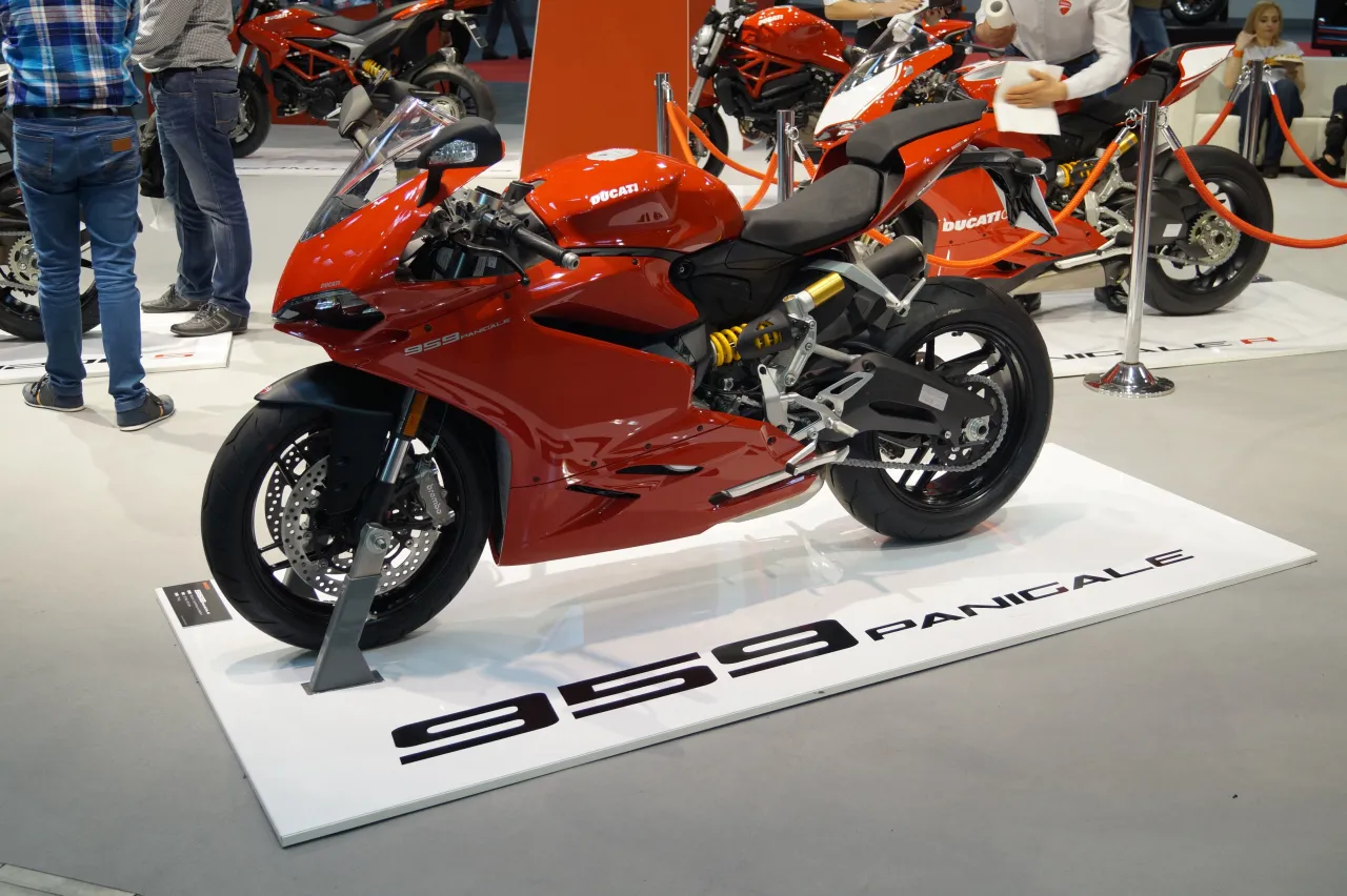 Ducati 959 Panigale supersport motorcycle side profile at a motor show