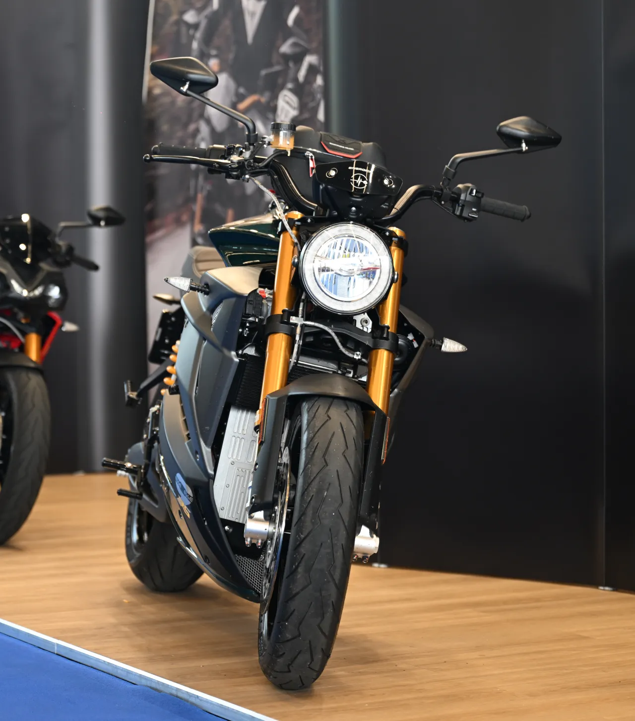 Energica EsseEsse9+ RS electric naked bike at show, side view