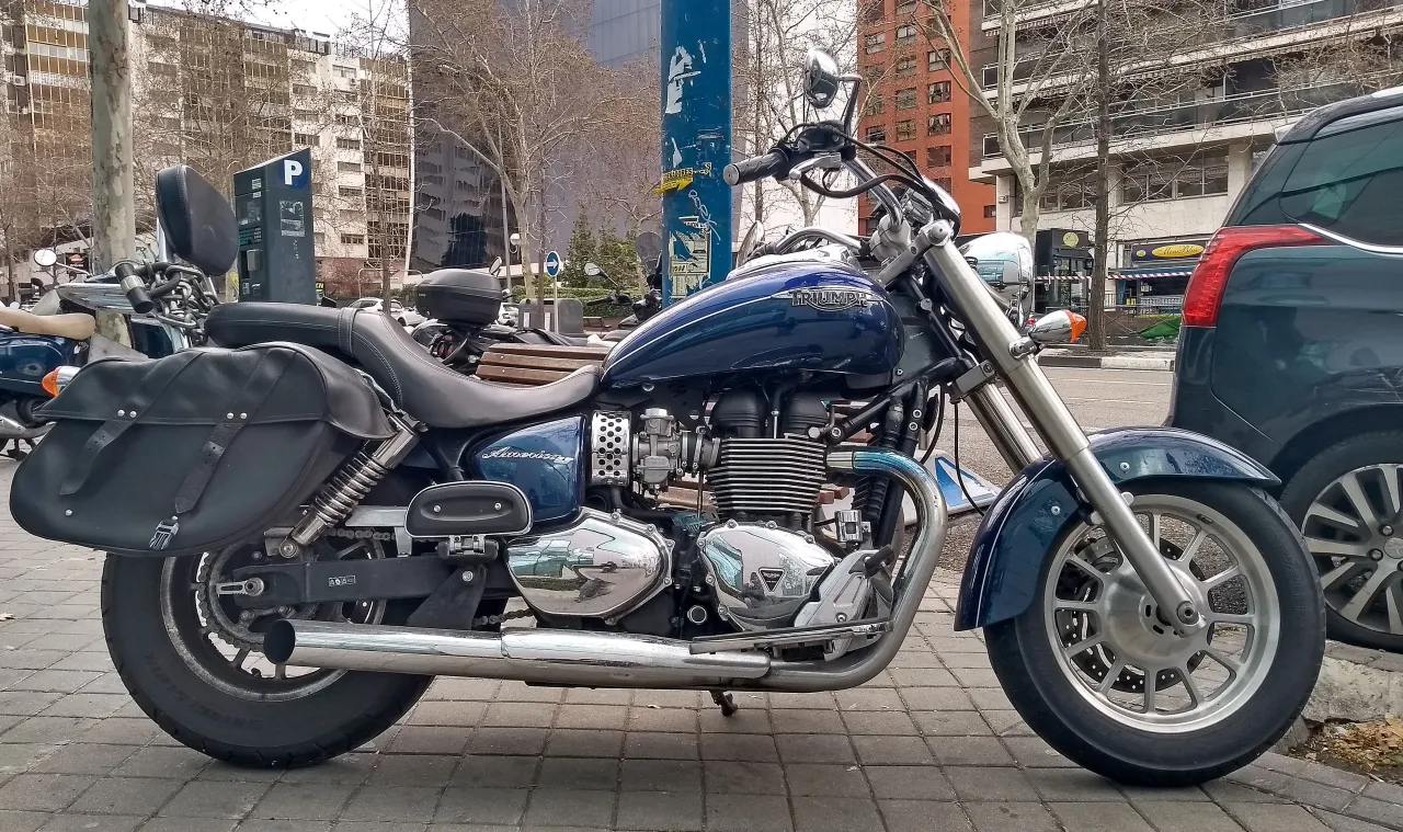 Triumph Bonneville America cruiser parked on a street in Madrid