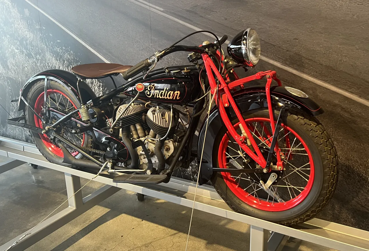 1928 Indian 101 Scout motorcycle side view at museum
